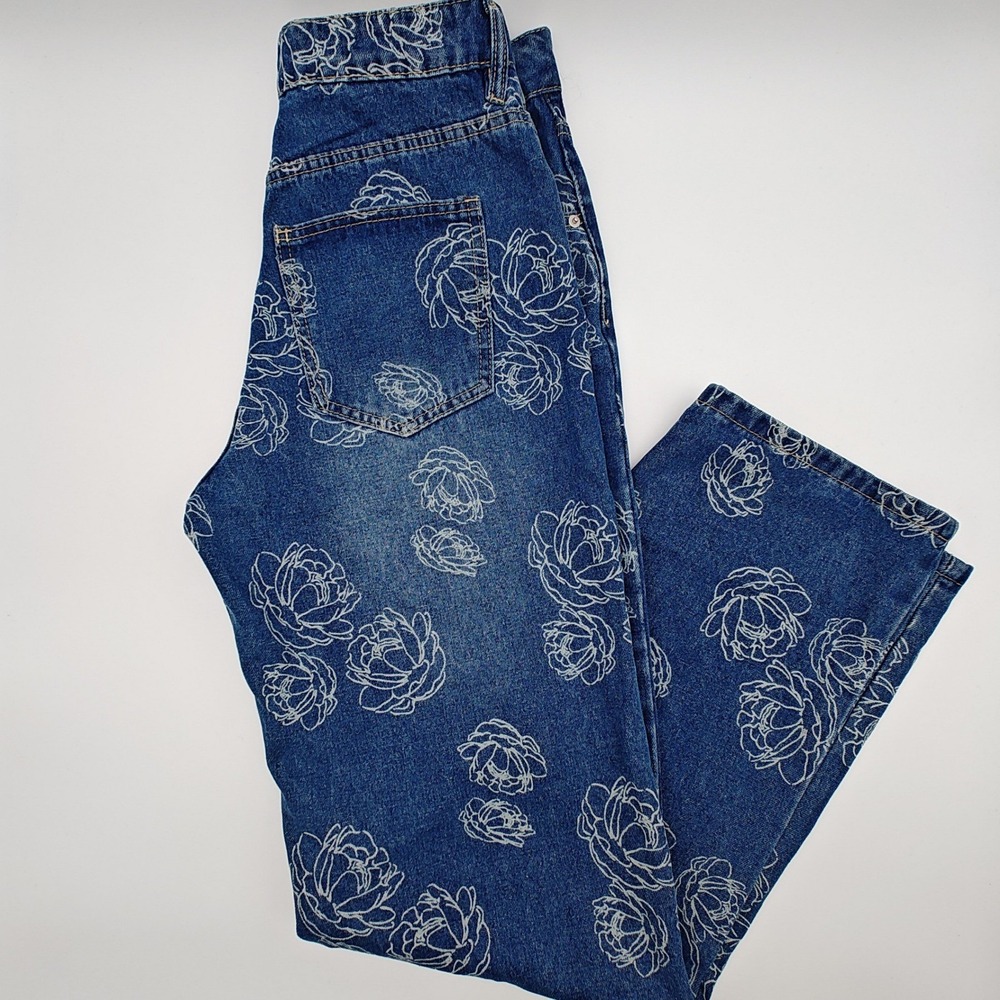 Fashion Nova Floral Print Wide Leg Jeans Womens NWT Blue‎ High Rise Size 5 - Picture 7 of 7